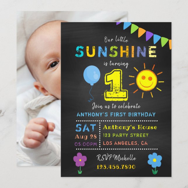 Chalkboard 1st Birthday Little Sunshine Boy Party Invitation (Front/Back)