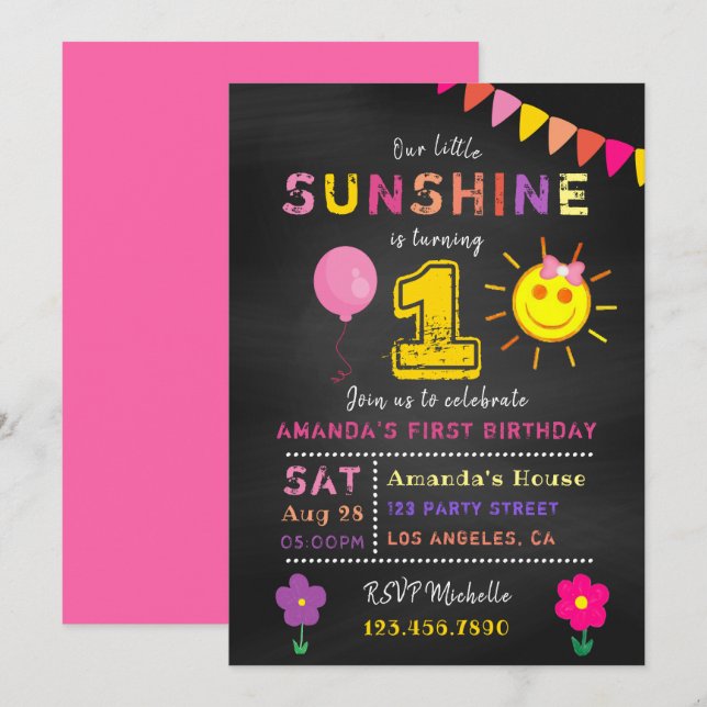 Chalkboard 1st Birthday Little Sunshine Girl Party Invitation (Front/Back)
