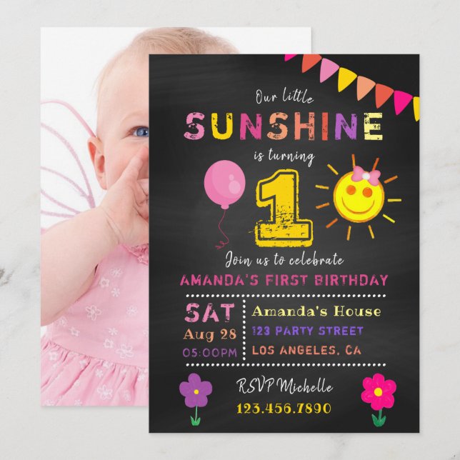 Chalkboard 1st Birthday Little Sunshine Girl Party Invitation (Front/Back)