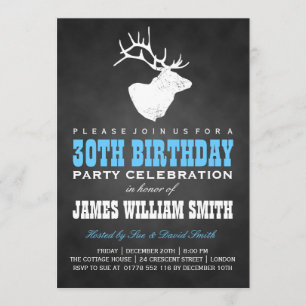 Chalkboard 30th Birthday Party Deer Black Blue Invitation