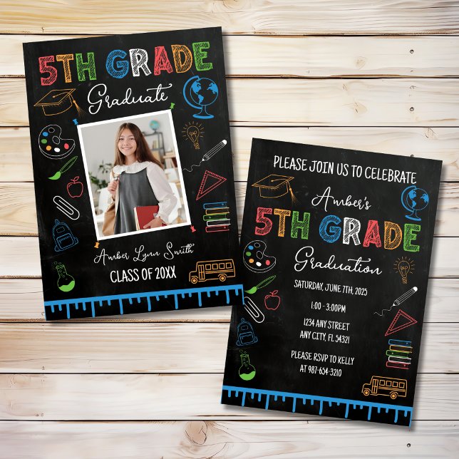 Chalkboard 5th Grade Graduation Photo Invitation (Creator Uploaded)