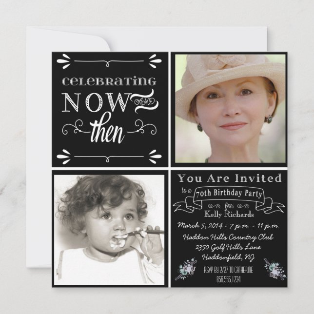 Chalkboard 70th Birthday Square Photo Invitation (Front)