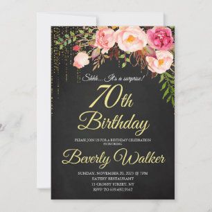Chalkboard 70th Surprise Floral Women Birthday Invitation