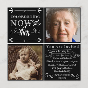Chalkboard 90th Birthday Square Photo Invitation