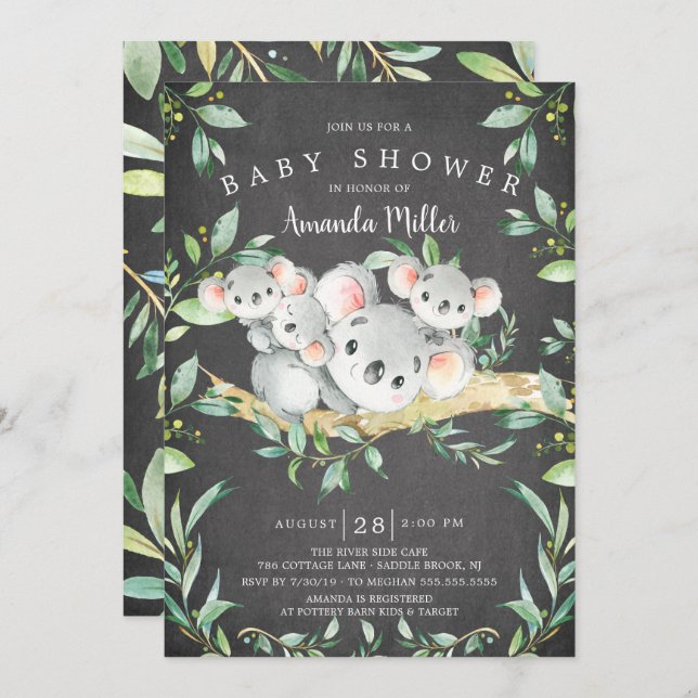 Chalkboard Adorable Koala Bear Triplet Baby Shower Invitation (Front/Back)