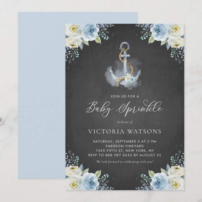 Chalkboard Anchor and Blue Flowers Baby Sprinkle Invitation (Front/Back)