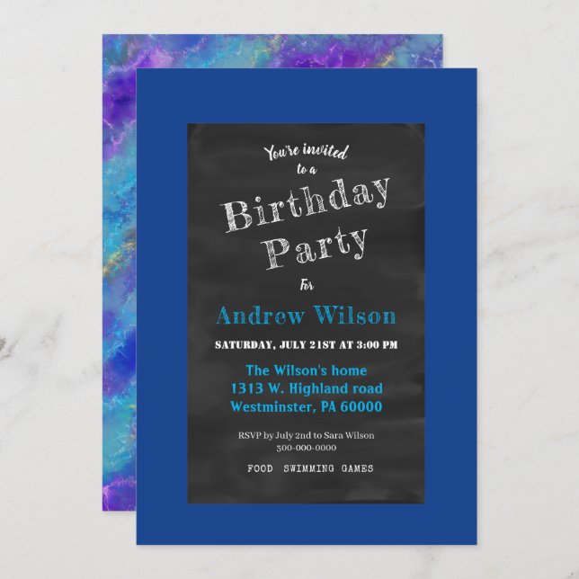 Chalkboard And Blue Marble  Invitation (Front/Back)