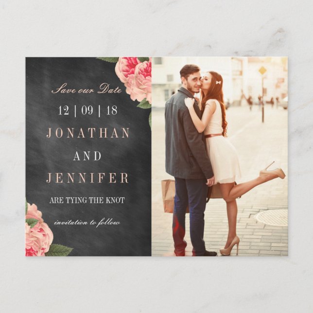 Chalkboard and Coral Floral Save the Date Postcard (Front)