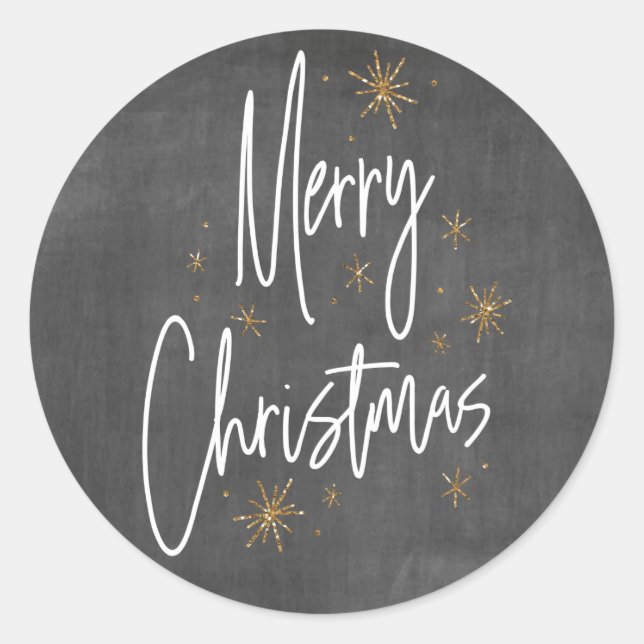 Chalkboard and Faux Gold Glitter Merry Christmas Classic Round Sticker (Front)