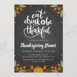 chalkboard and foliage script thanksgiving dinner invitation