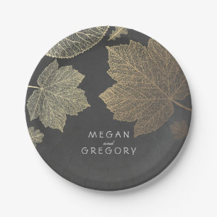 Chalkboard and Gold Fall Leaves Wedding Paper Plate