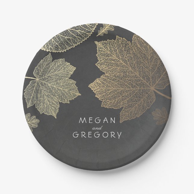 Chalkboard and Gold Fall Leaves Wedding Paper Plate (Front)