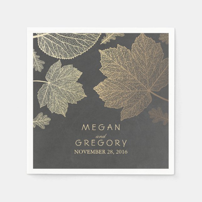 Chalkboard and Gold Leaves Fall Wedding Napkin (Front)