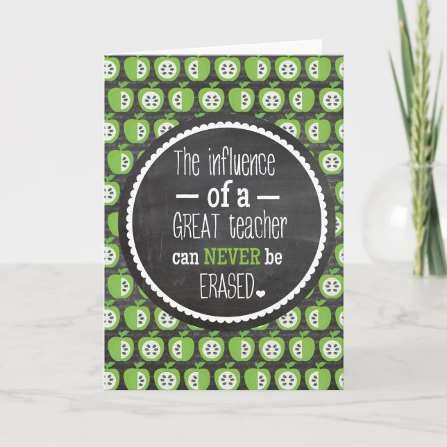 Chalkboard and Green Apples Teacher Card (Front)