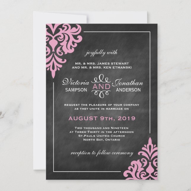 Chalkboard and Pink Damask Wedding Invitations (Front)