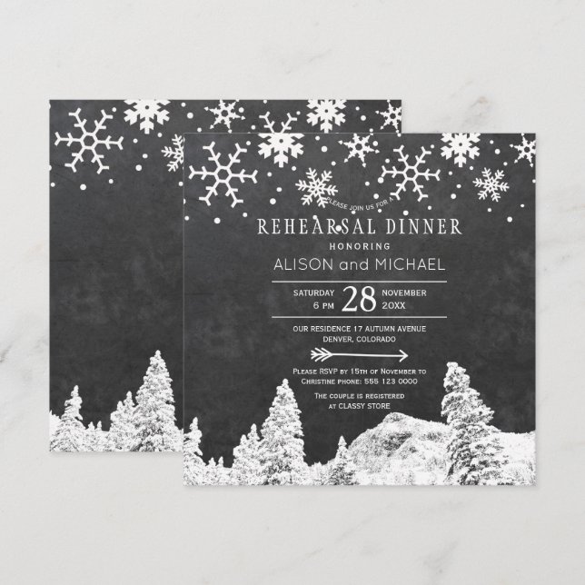 Chalkboard and snowflakes winter rehearsal dinner invitation (Front/Back)