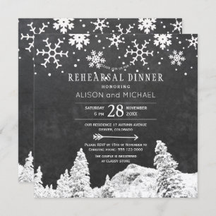 Chalkboard and snowflakes winter rehearsal dinner invitation