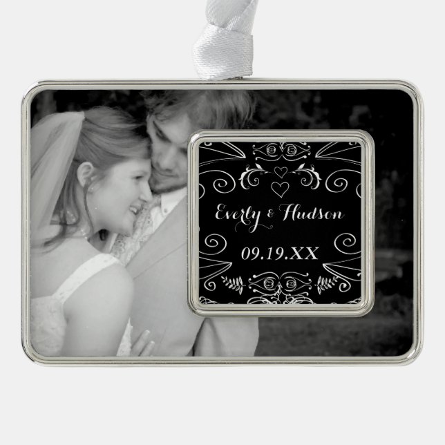 Chalkboard Anniversary Wedding  Sweetheart Photos Silver Plated Framed Ornament (Front)