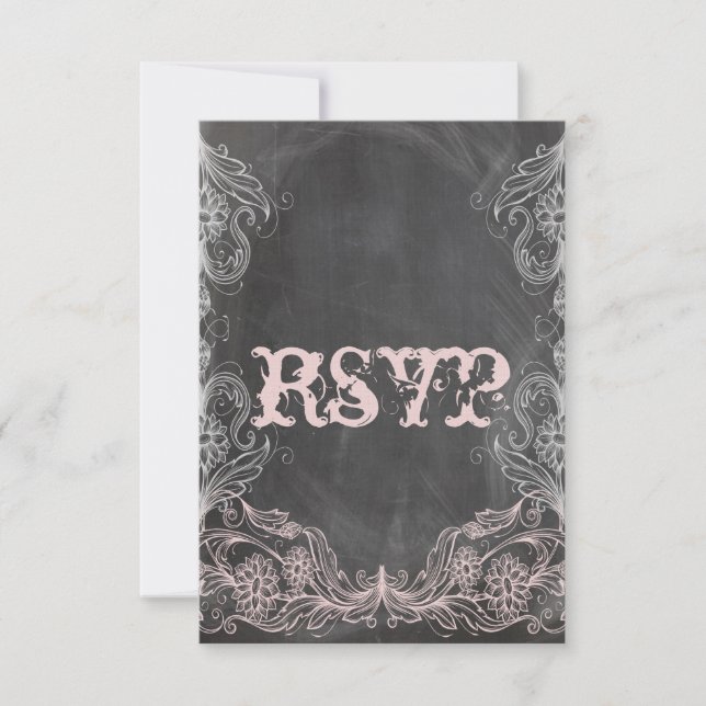 Chalkboard Antique Pink Floral RSVP Wedding Card (Front)