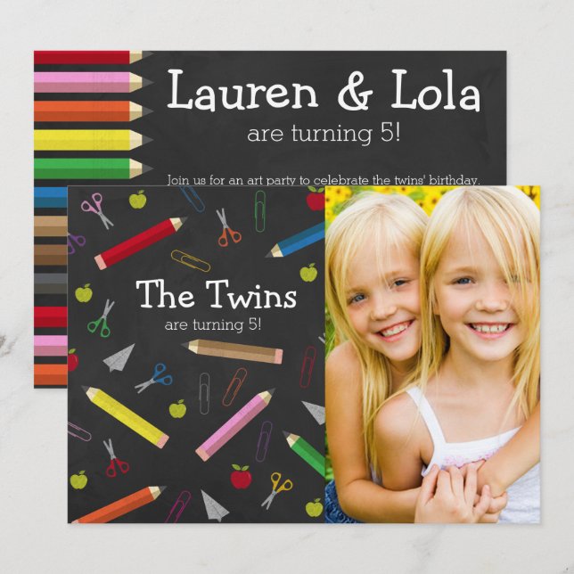 Chalkboard Apple Pencil Crayons Birthday Twins Invitation (Front/Back)