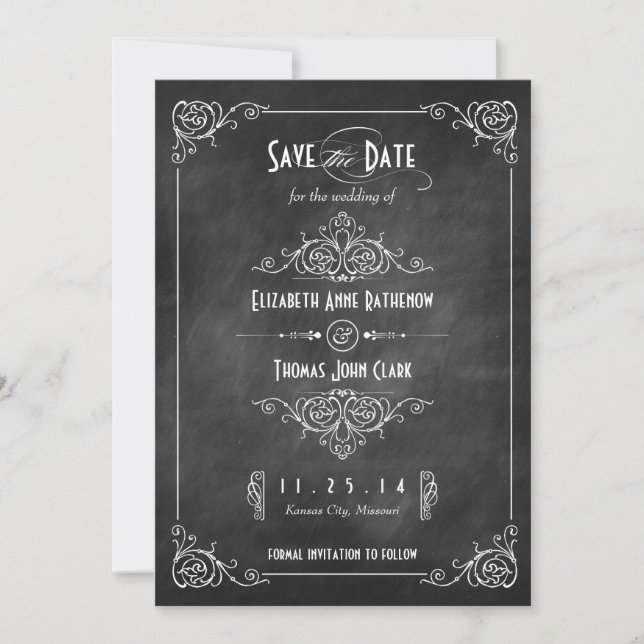 Chalkboard Art Deco Save the Date Cards (Front)
