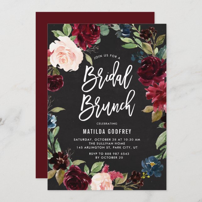 Chalkboard Autumn Floral Wreath Bridal Brunch Invitation (Front/Back)