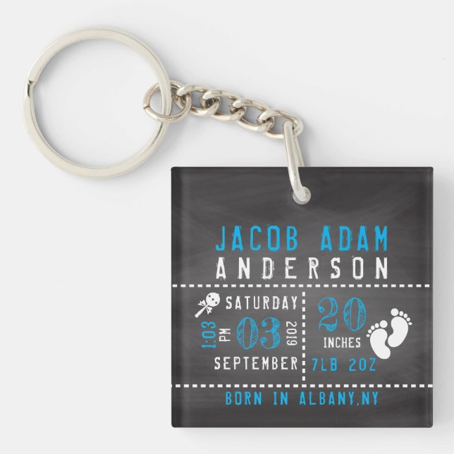 Chalkboard Baby Boy Birth Announcement Photo Key Ring (Front)