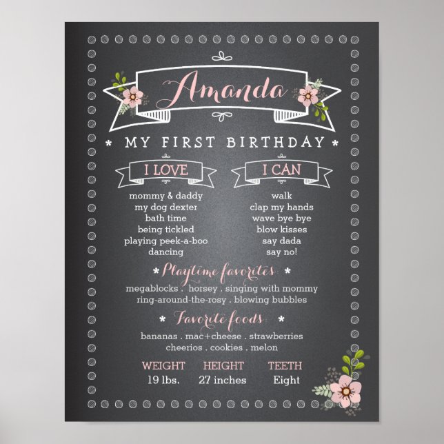 Chalkboard Baby First Birthday Milestone Board Poster (Front)