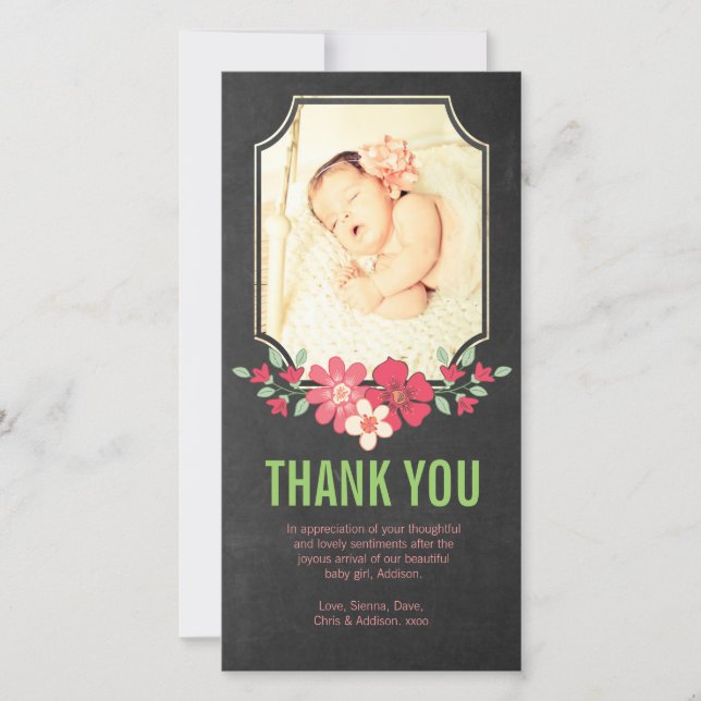 Chalkboard Baby Girl Thank You Flowers Photo Card (Front)