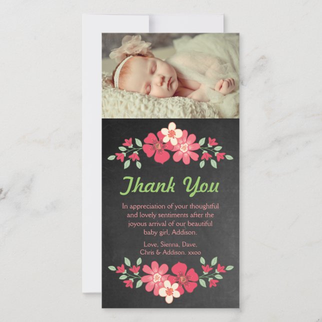 Chalkboard Baby Girl Thank You Flowers Photo Card (Front)