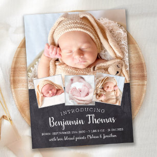 Chalkboard Baby Personalised 4 Photo Collage Birth Announcement Postcard