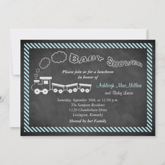 Chalkboard Baby Shower Train Invite 2 - Blue (Front)