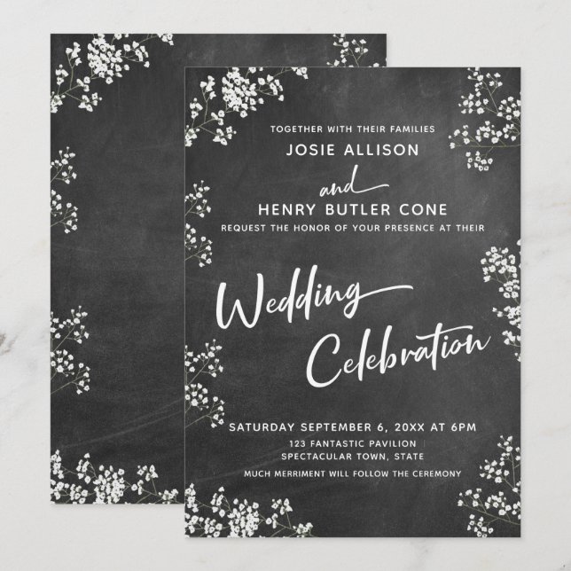 Chalkboard Baby's Breath Wedding Celebration Invitation (Front/Back)
