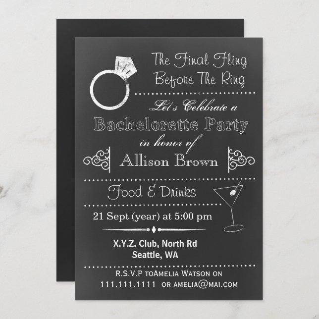 Chalkboard Bachelorette Party Invitations (Front/Back)
