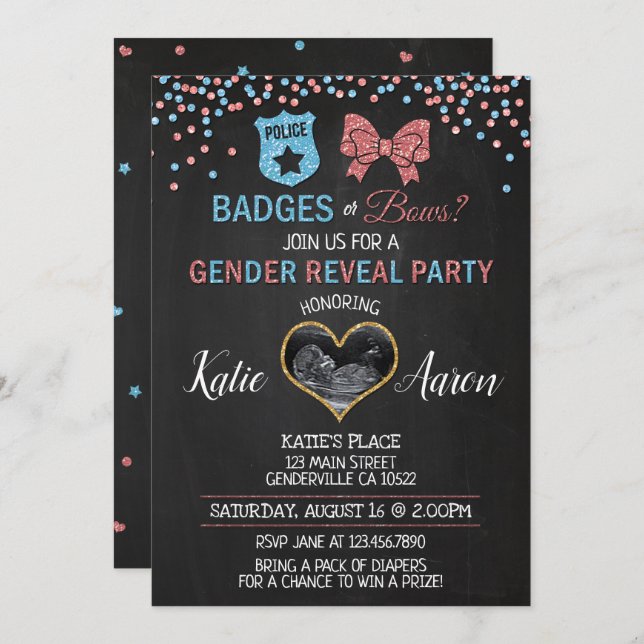 Chalkboard Badges or Bows Gender Reveal Invitation (Front/Back)