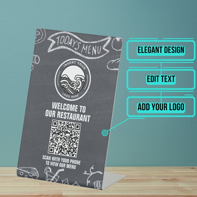 Chalkboard Banner Restaurant Menu QR Code Pedestal Sign (This QR Code placard table pedestal sign can be placed anywhere & scanned by your customers.)
