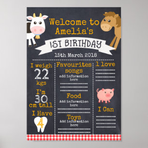 Chalkboard Barnyard Milestones 1st Birthday Poster