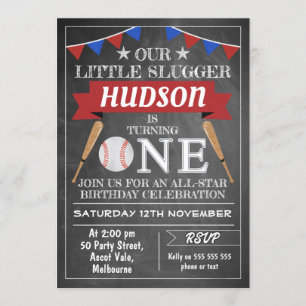 Chalkboard Baseball 1st Birthday Invitation