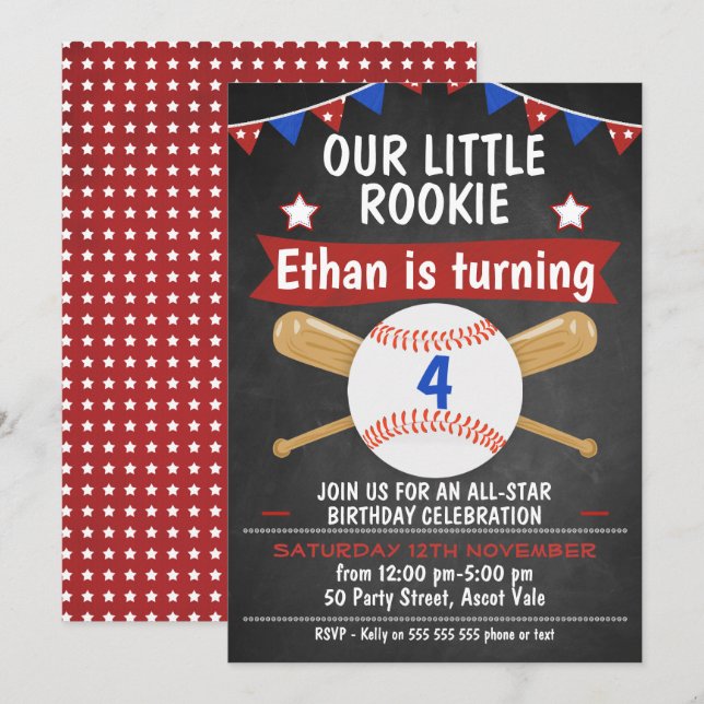 Chalkboard Baseball Birthday Invitation (Front/Back)