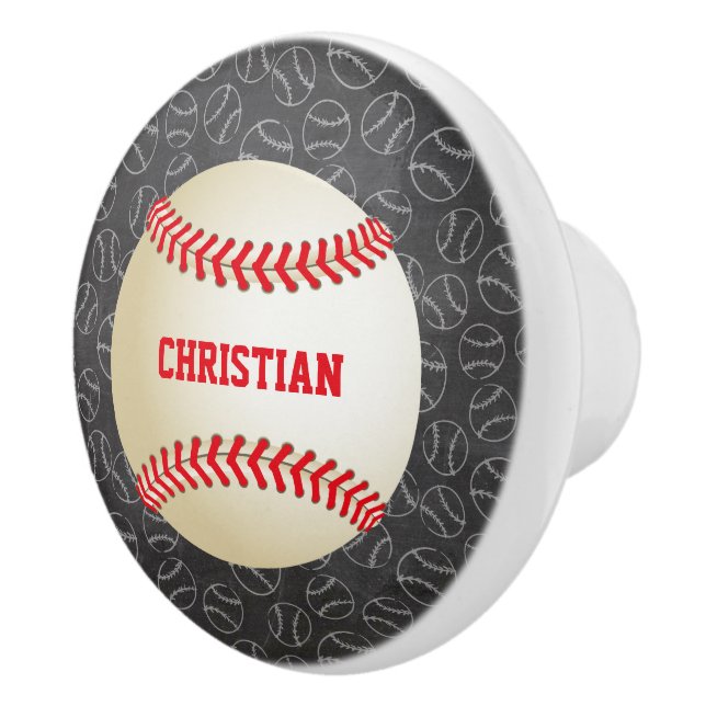 Chalkboard Baseball Pattern with Name and Baseball Ceramic Knob (Right)