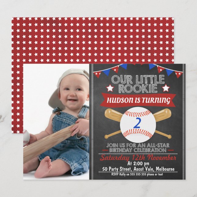 Chalkboard Baseball Photo Birthday Invitation (Front/Back)