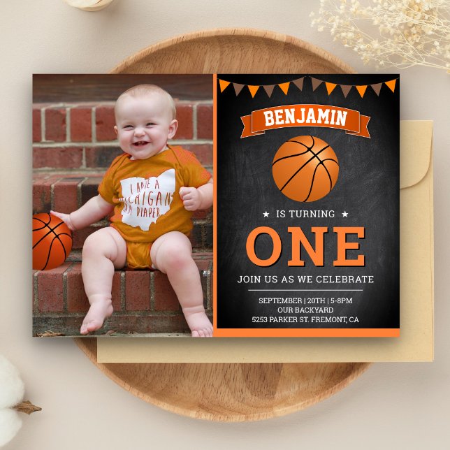 Chalkboard Basketball First Birthday Party Photo Invitation (Creator Uploaded)
