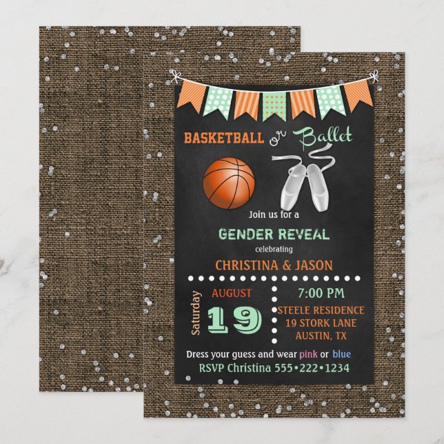 Chalkboard Basketball or Ballet Gender Reveal Invitation (Front/Back)