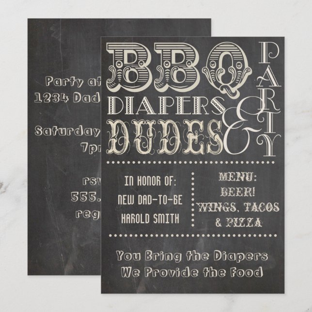 Chalkboard BBQ Diapers and DUDES Baby Shower Invitation (Front/Back)