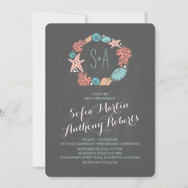 Chalkboard beach wedding invitations (Front)