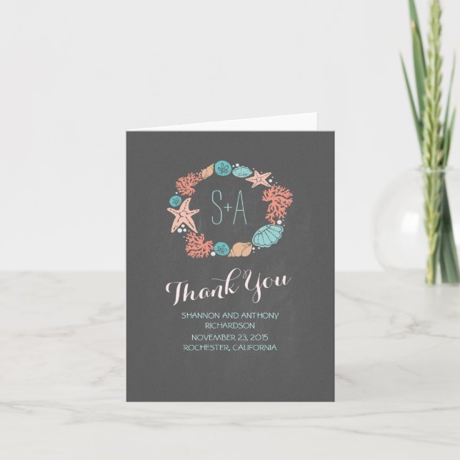 Chalkboard beach wreath initials wedding thank you card (Front)