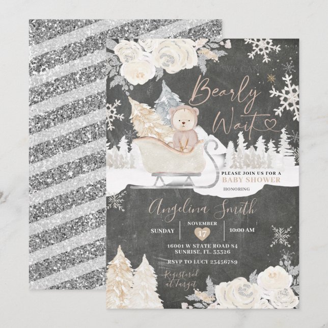 Chalkboard Bear Creamy White Winter Baby Shower  Invitation (Front/Back)