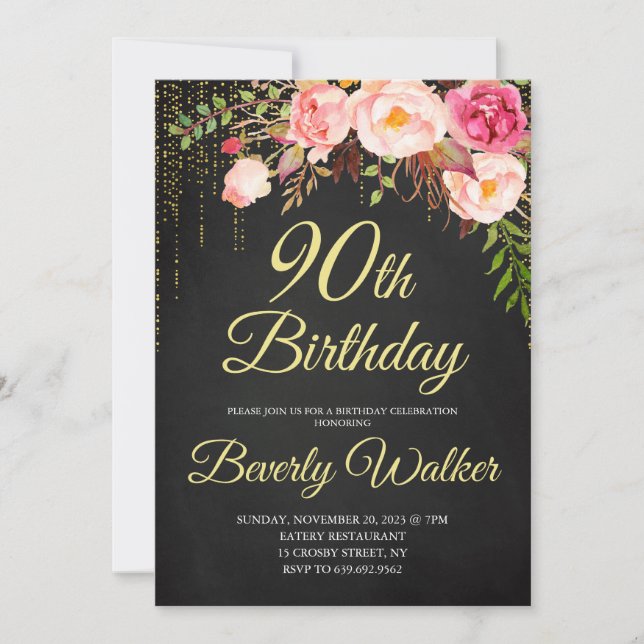 Chalkboard Birthday Women 90th Birthday Floral Invitation (Front)