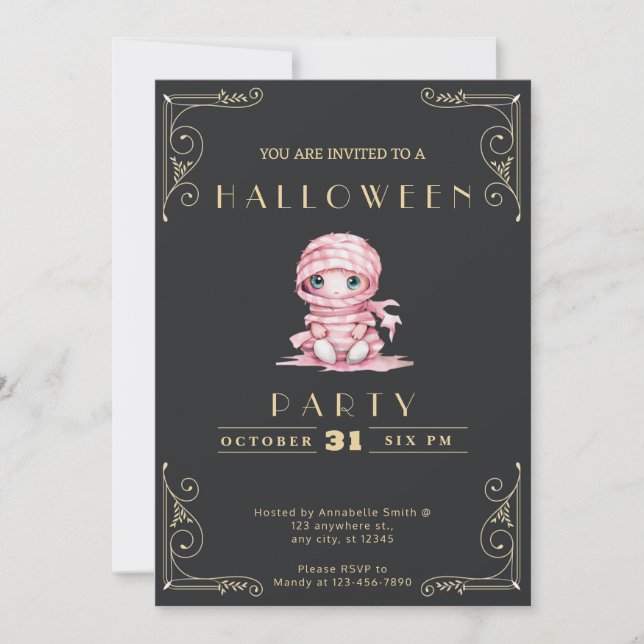 Chalkboard Black and Gold Pink Mummy Halloween Invitation (Front)