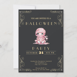 Chalkboard Black and Gold Pink Mummy Halloween Invitation